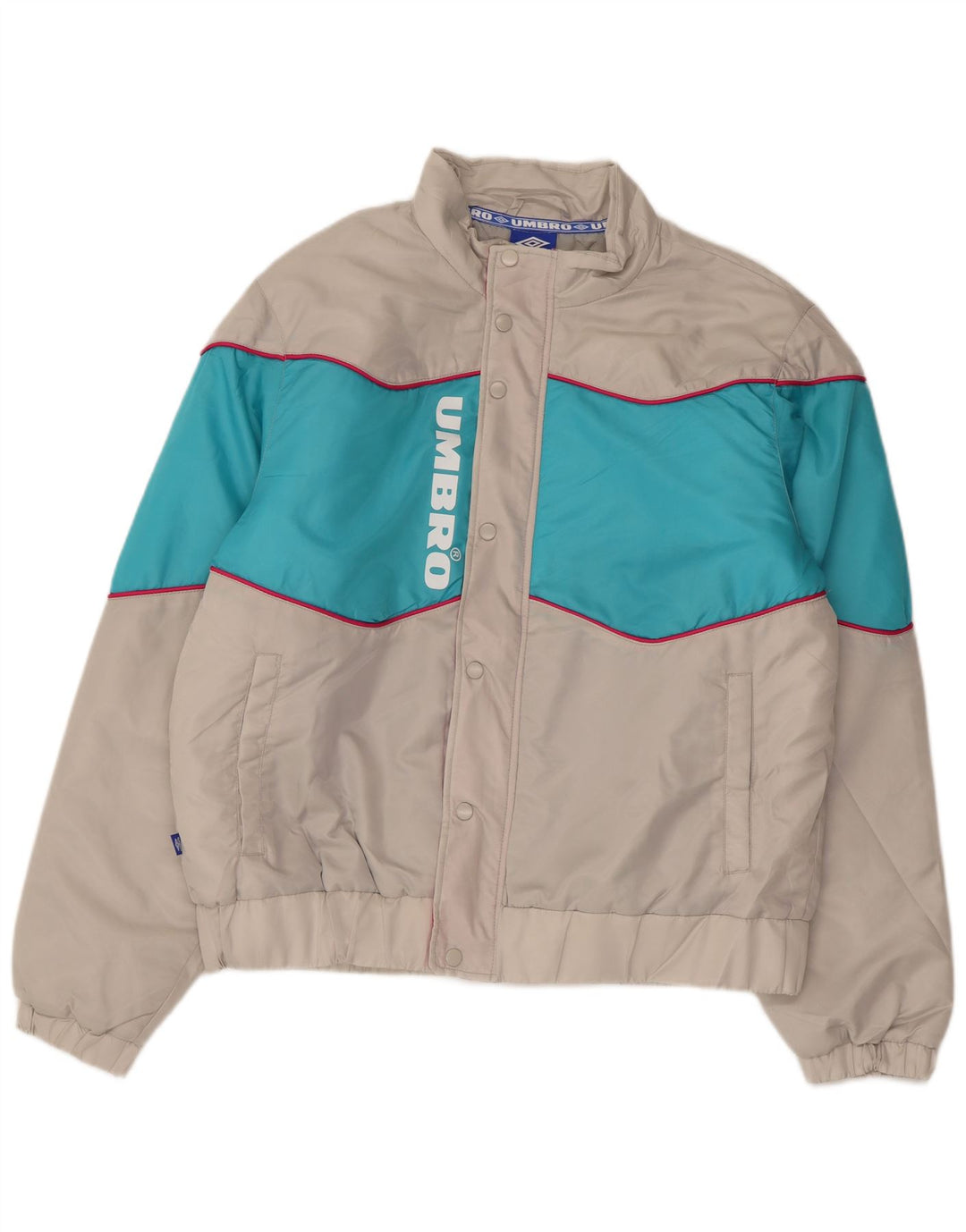 Jaqueta masculina acolchoada gráfica UMBRO Reino Unido 40 grande bloco colorido cinza nylon