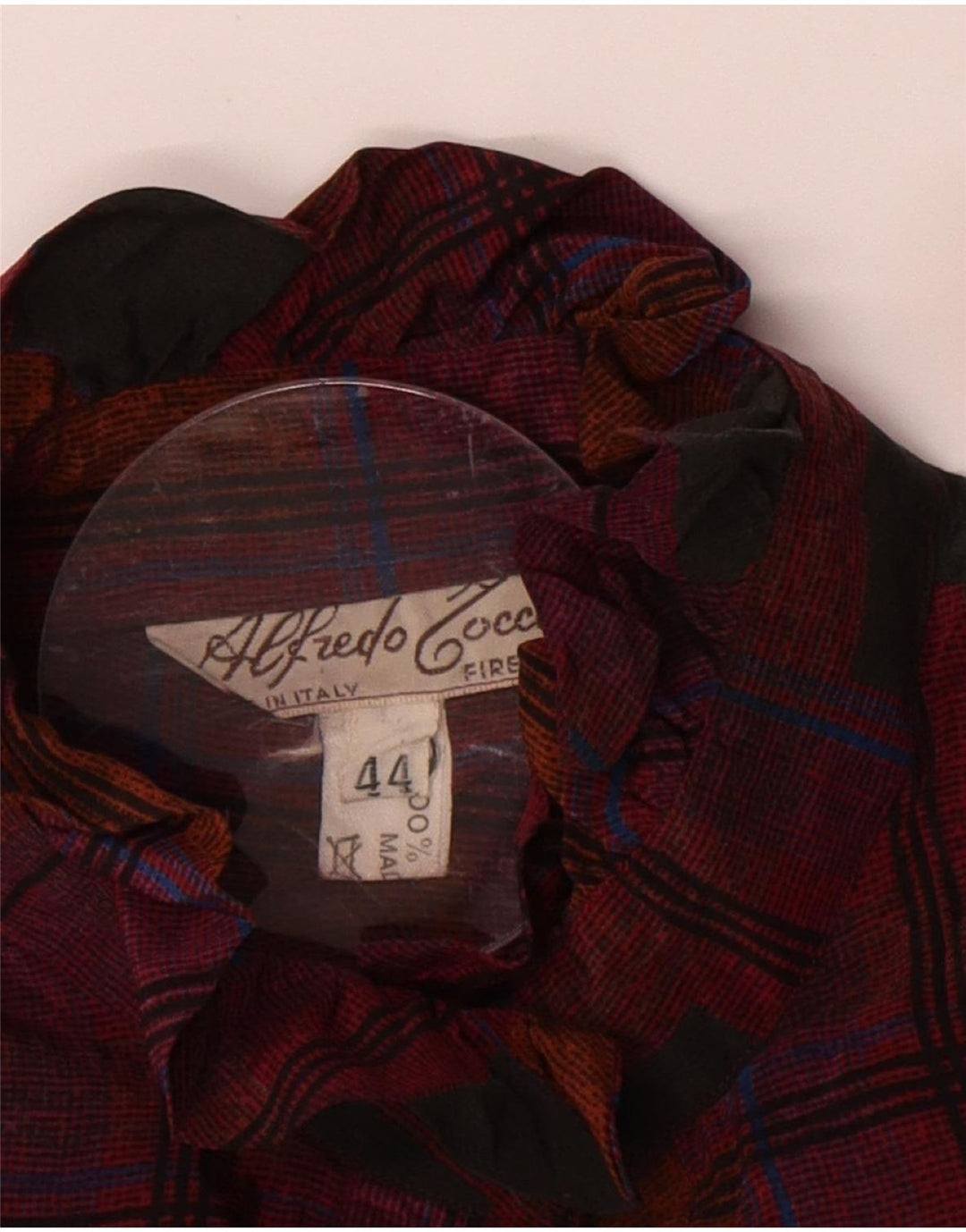 Blusa feminina vintage com babados na frente IT 44 seda xadrez marrom médio