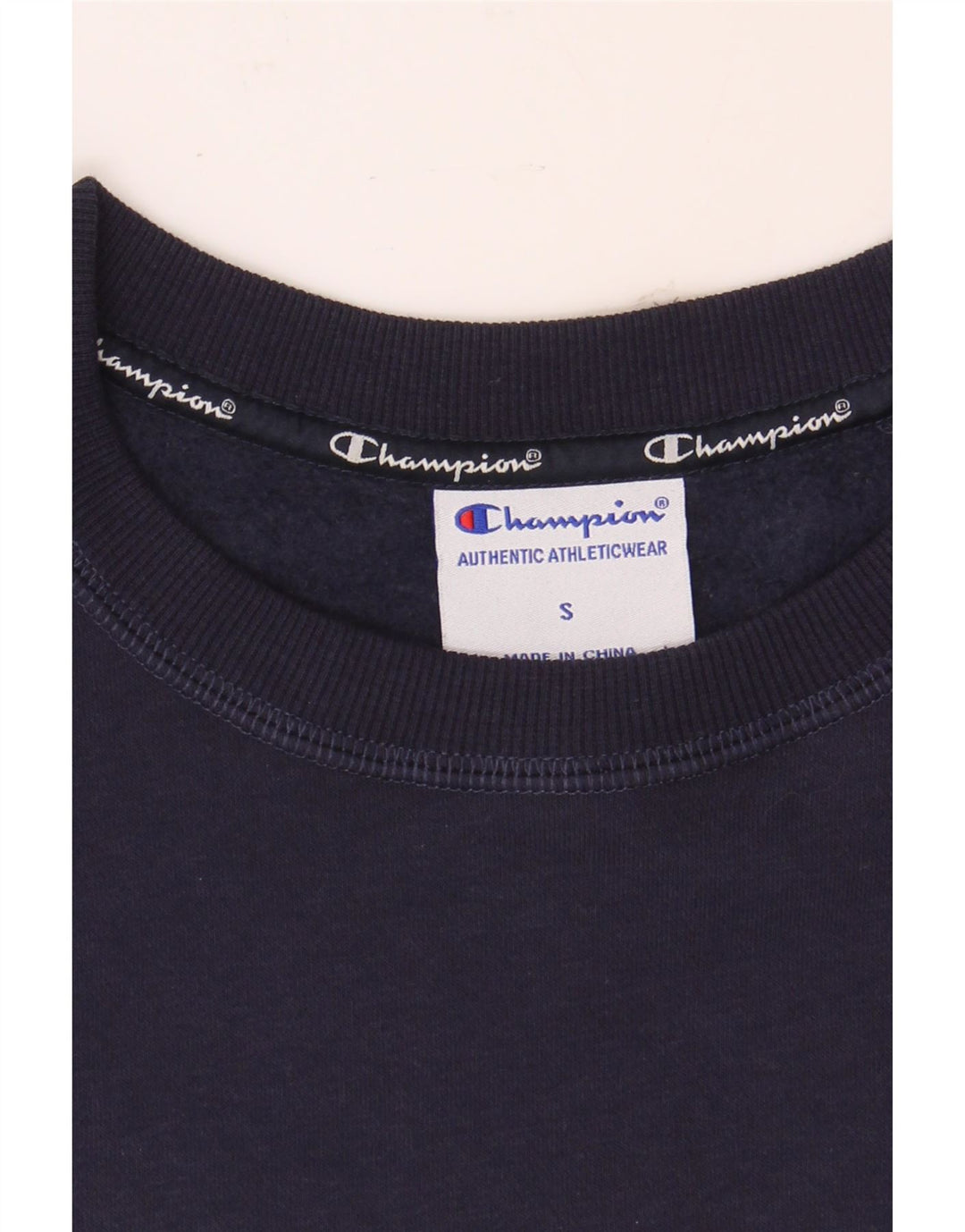CHAMPION Mens Graphic Sweatshirt Jumper Small Navy Blue Cotton Vintage Champion and Second-Hand Champion from Messina Hembry 