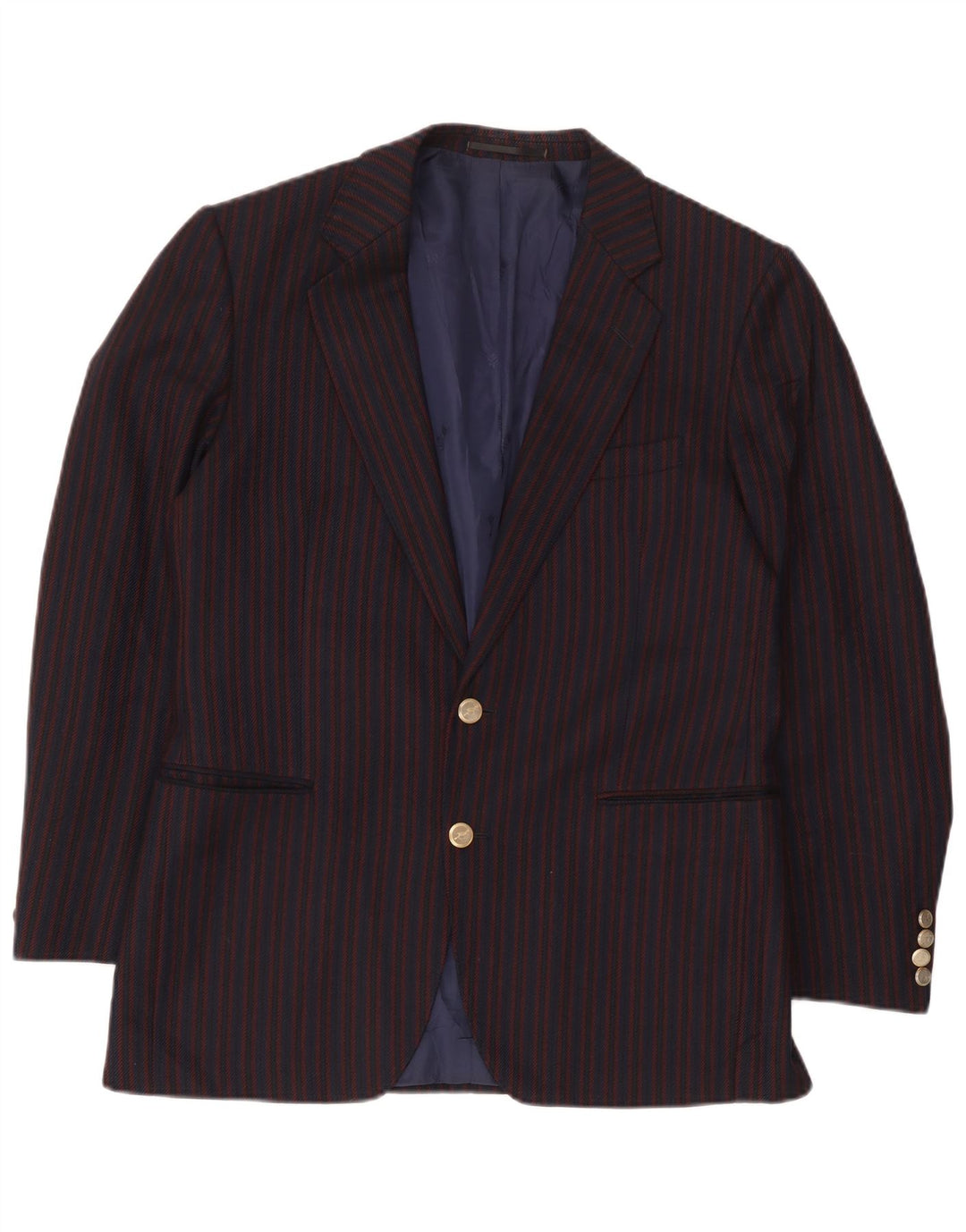 Jaqueta blazer masculina vintage com 2 botões Reino Unido 38 lã listrada azul marinho médio