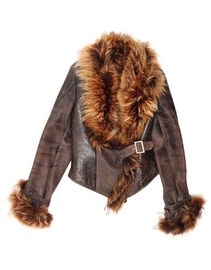 Jaqueta Carmen Feminina Crop Shearling Reino Unido 14 Grande Couro Marrom