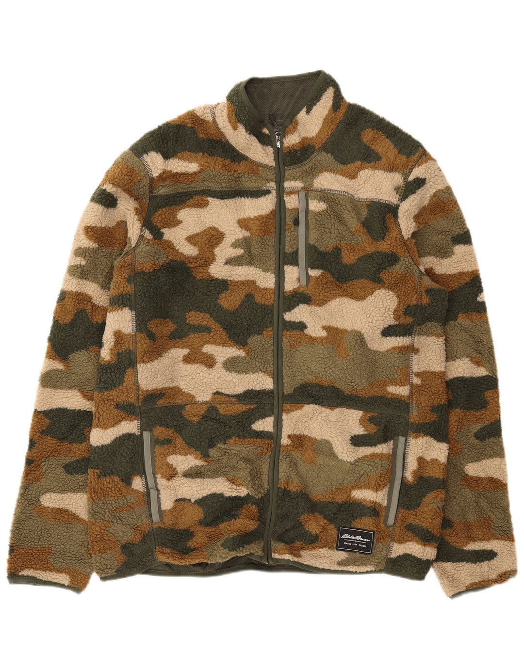 Jaqueta de lã alta masculina EDDIE BAUER Reino Unido 42 XL cáqui poliéster camuflado