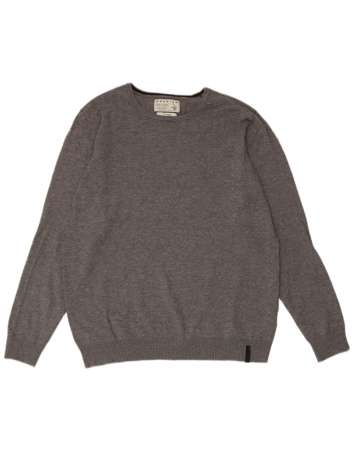 Suéter masculino JACK & JONES com gola redonda sob medida, algodão cinza médio