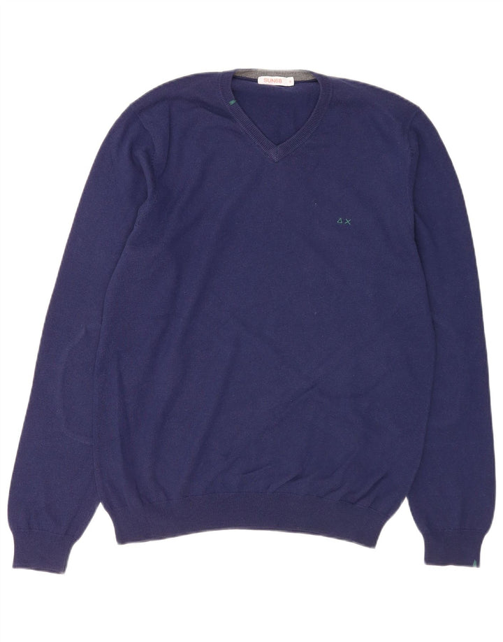 Suéter masculino SUN68 com decote em V de lã azul médio