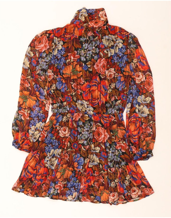 Vestido feminino ZARA com gravata frontal evasê UK 12 médio floral multicolorido