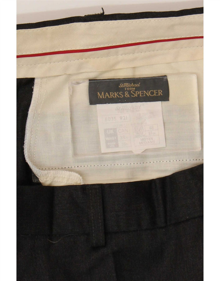 Calça masculina de terno reto Marks & Spencer W38 L31 lã preta