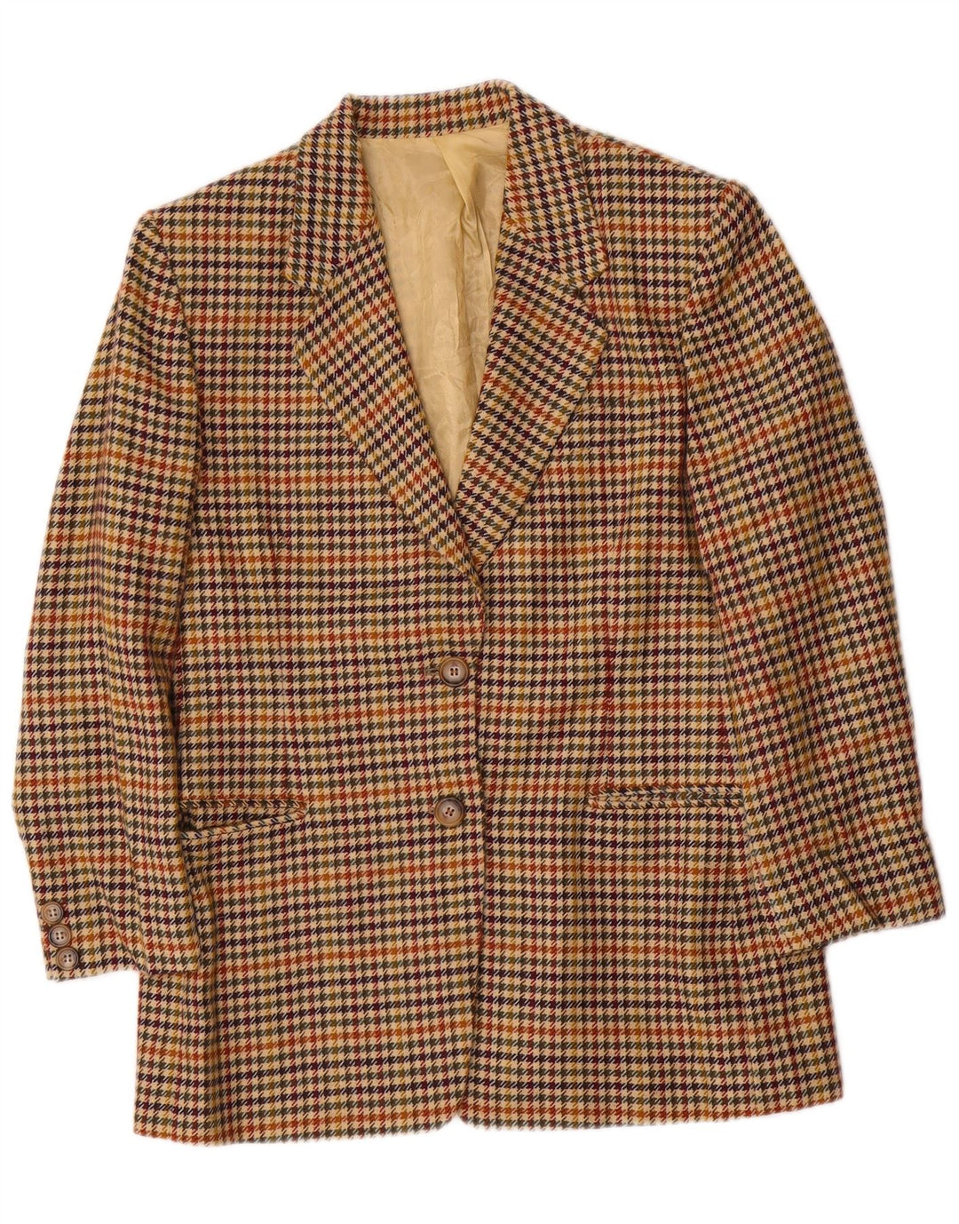 Jaqueta blazer feminina vintage com 2 botões Reino Unido 12 lã houndstooth bege médio