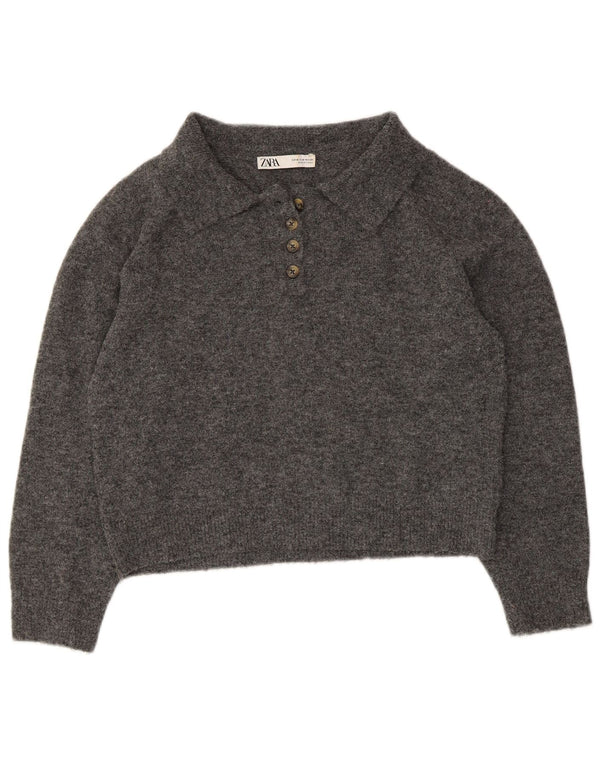 Zara Suéter feminino cropped com gola polo UK 14 cinza médio manchado