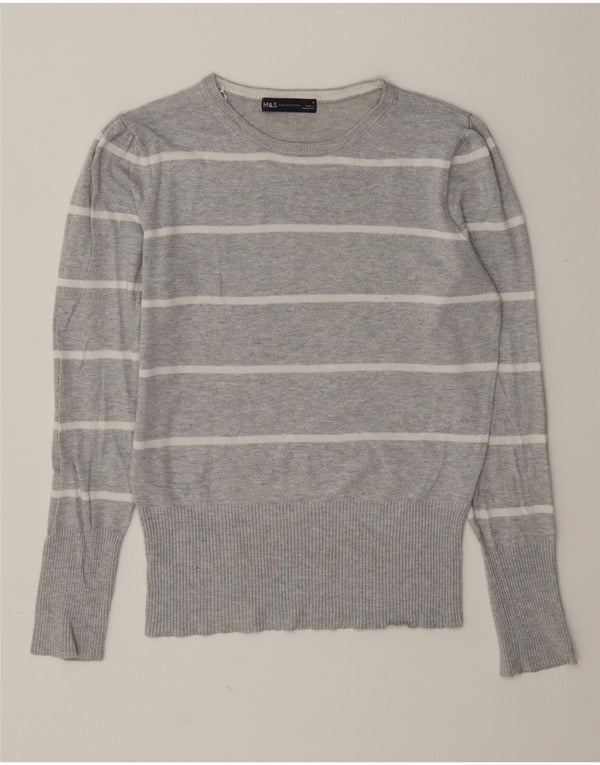 Suéter feminino Marks & Spencer com gola redonda, 8 listrado cinza pequeno