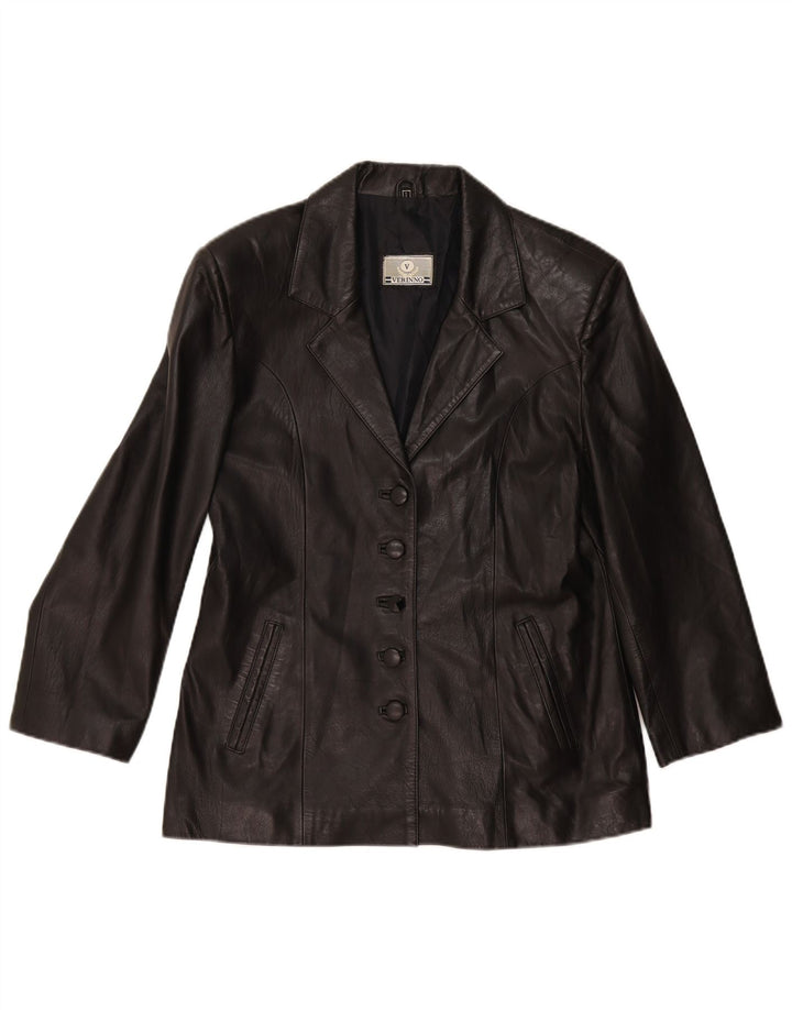 Jaqueta blazer feminina vintage de couro com 5 botões Reino Unido 14 grande preta