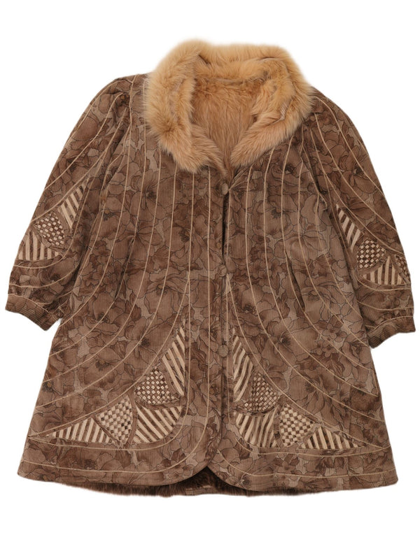 Sobretudo feminino reversível de pele sintética VINTAGE Reino Unido 18 XL marrom floral