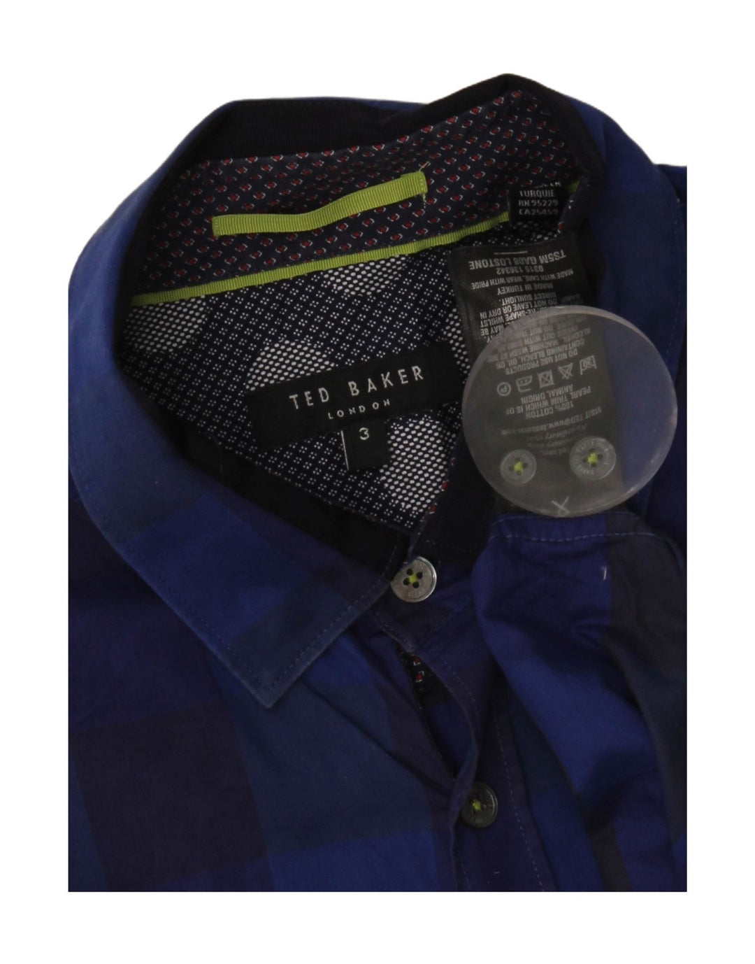 Camisa masculina Ted Baker tamanho 3 algodão guingão azul médio