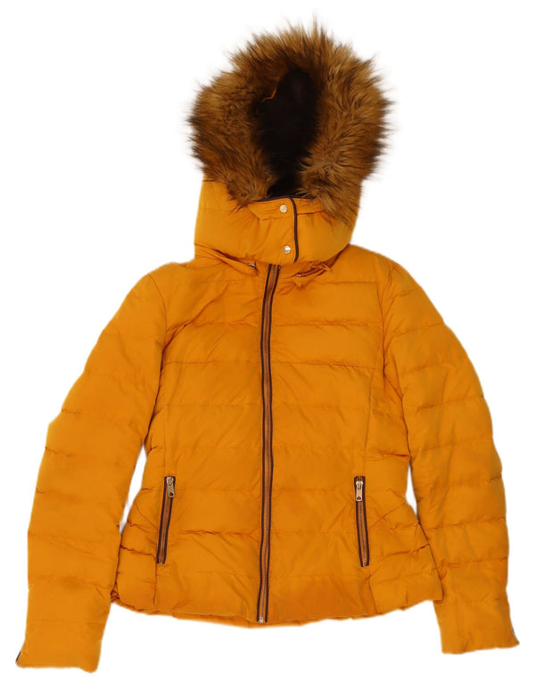Jaqueta acolchoada com capuz feminino Zara UK 12 poliéster amarelo médio
