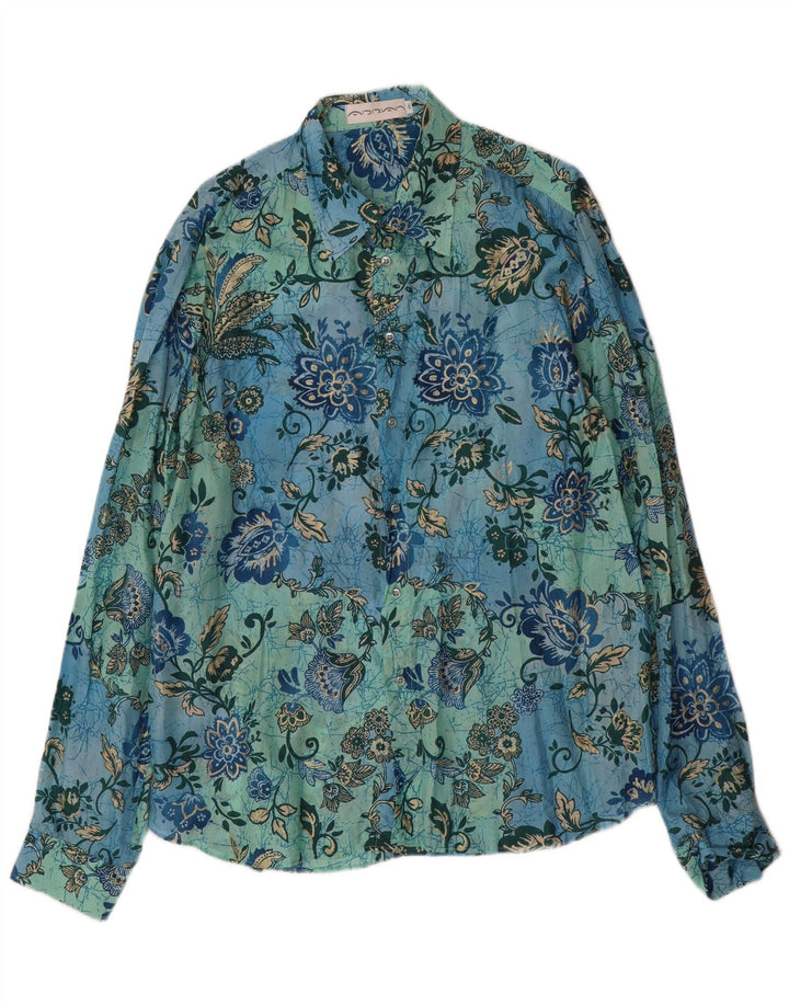 Camisa masculina vintage 2XL seda floral azul