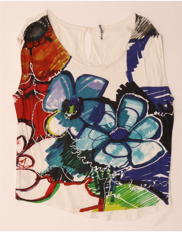 Top de colete gráfico feminino Desigual UK 18 XL branco floral algodão