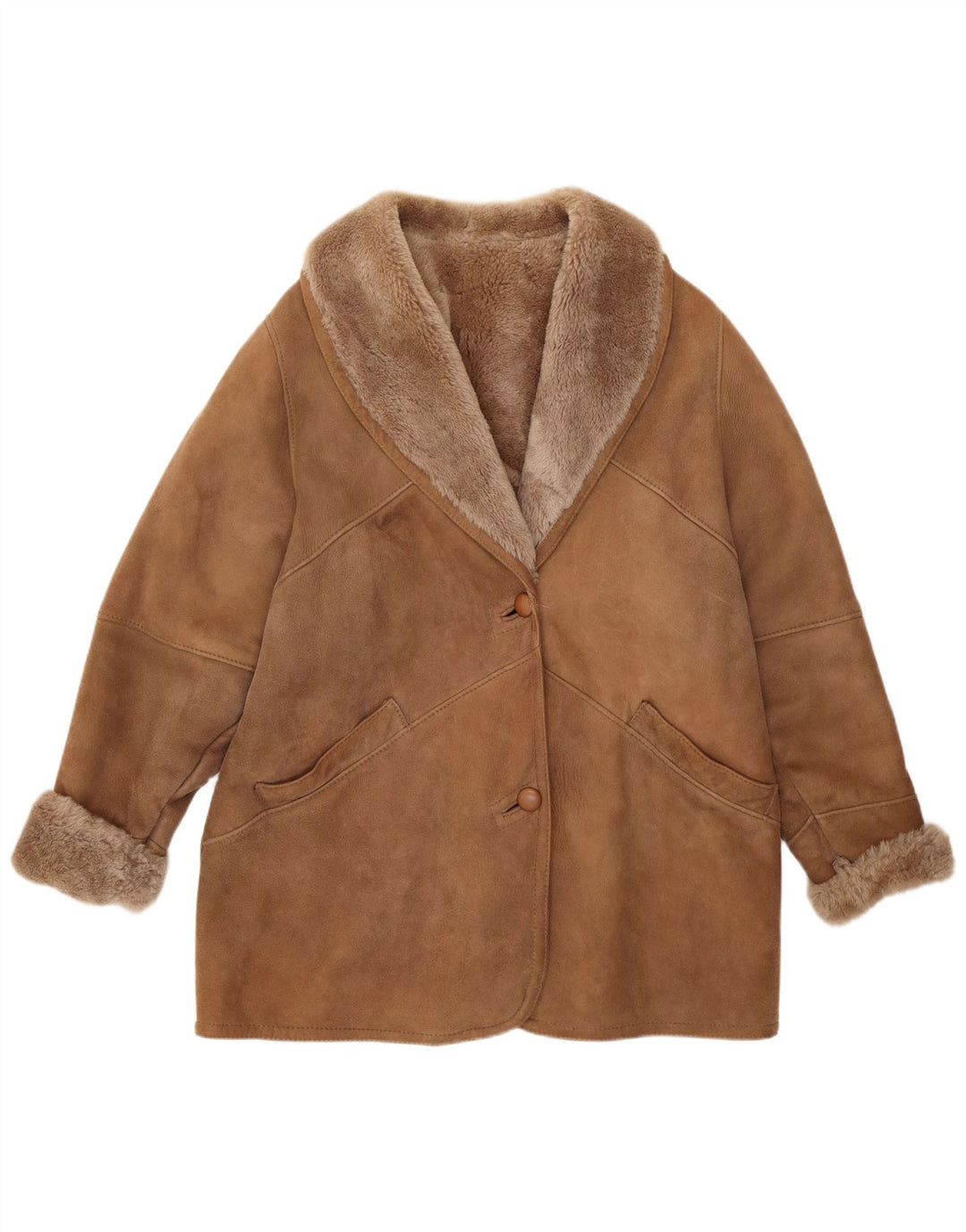 Jaqueta Shearling Feminina Vintage Reino Unido 12 Marrom Médio Clássico