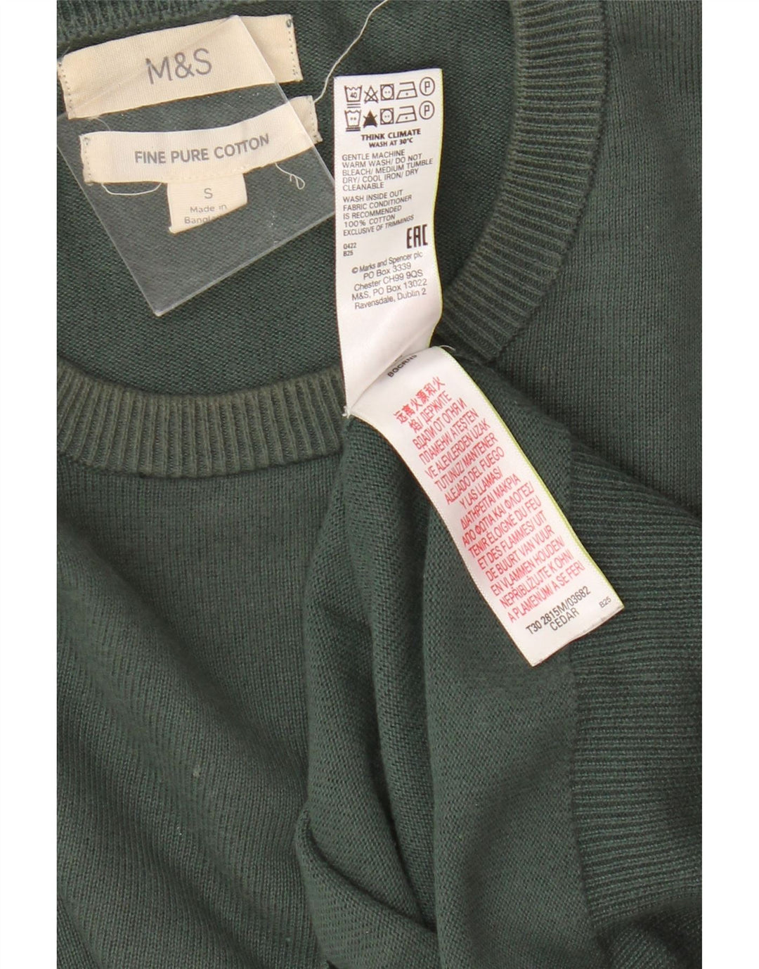 Suéter masculino Marks & Spencer com gola redonda, pequeno algodão verde