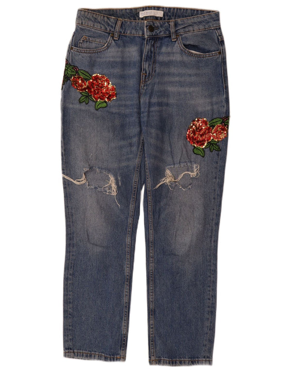 Calça jeans reta feminina Zara EU 36 XS W26 L29 azul floral algodão