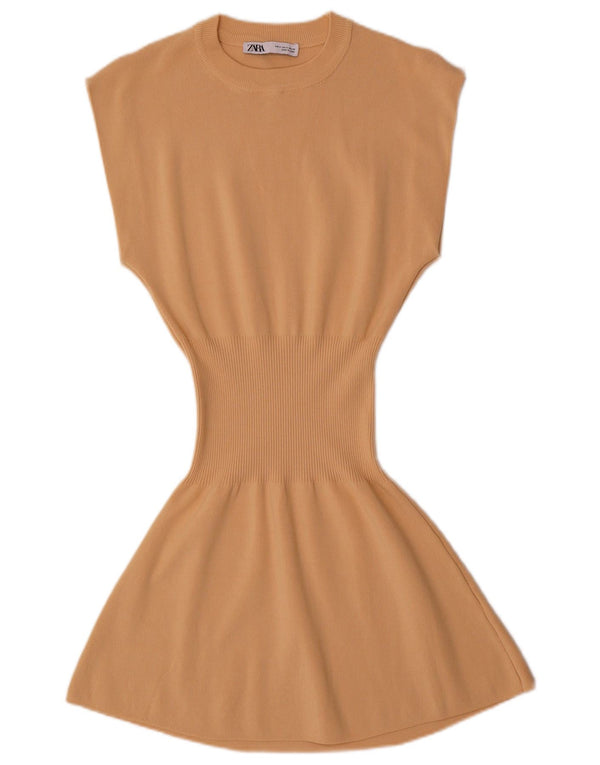 Zara Womens Short Sleeves Jumper Dress UK 10 Small Beige