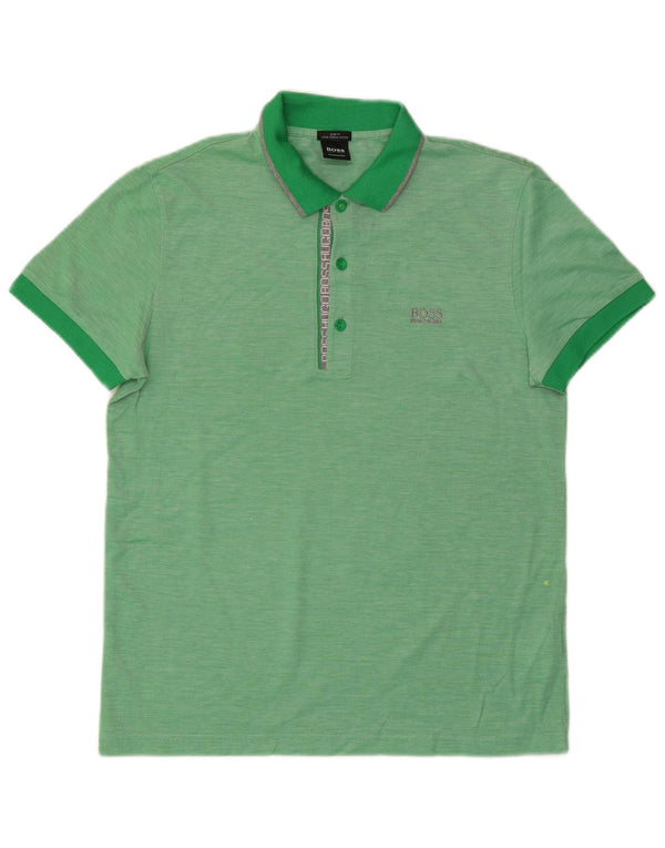 Camisa polo masculina Hugo Boss Slim Fit algodão manchado verde médio
