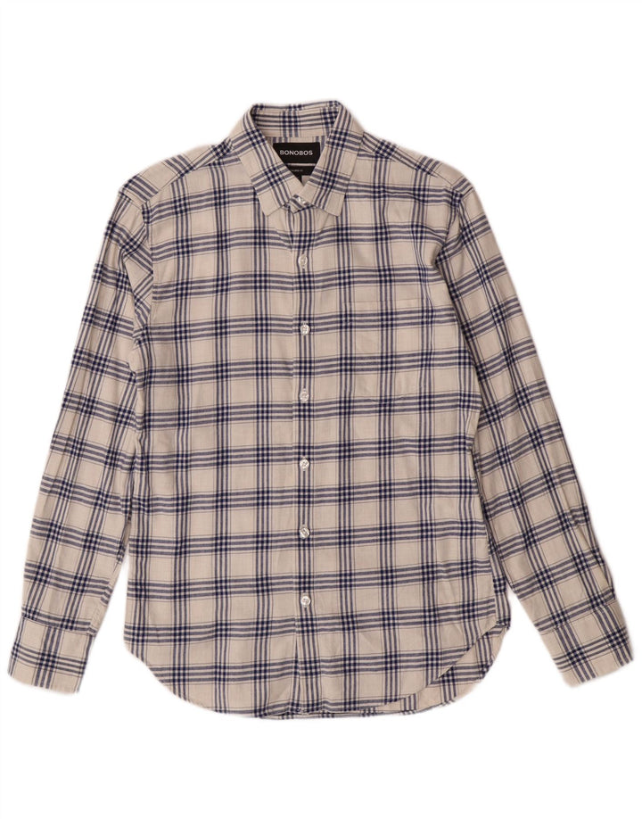 BONOBOS Camisa masculina de flanela sob medida, pequena, branca, xadrez, algodão