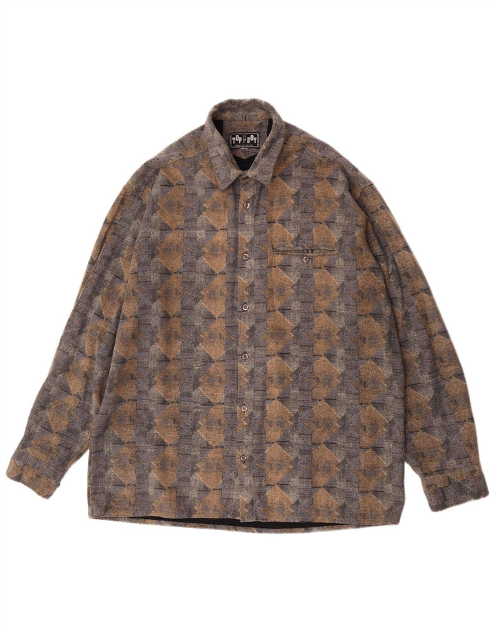 Camisa masculina vintage de flanela grande azul geométrica