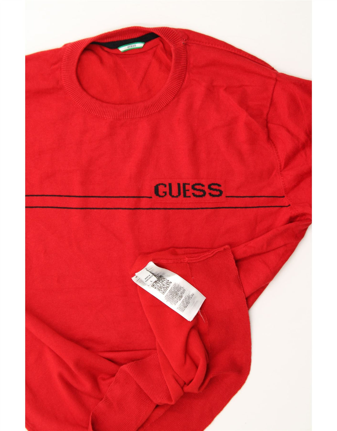GUESS Mens Graphic Crew Neck Jumper Sweater Large Red Cotton Vintage Guess and Second-Hand Guess from Messina Hembry 