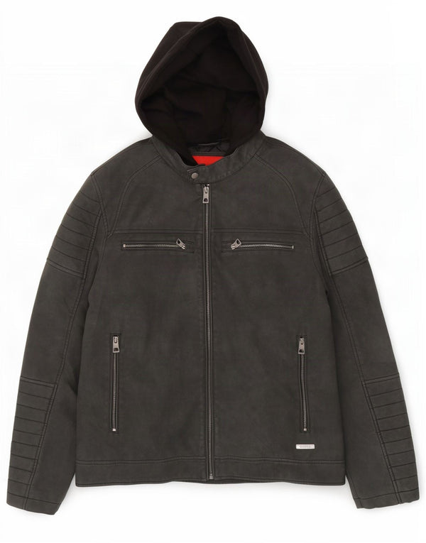 Jaqueta masculina de corrida de couro sintético com capuz Guess UK 40 grande poliuretano cinza