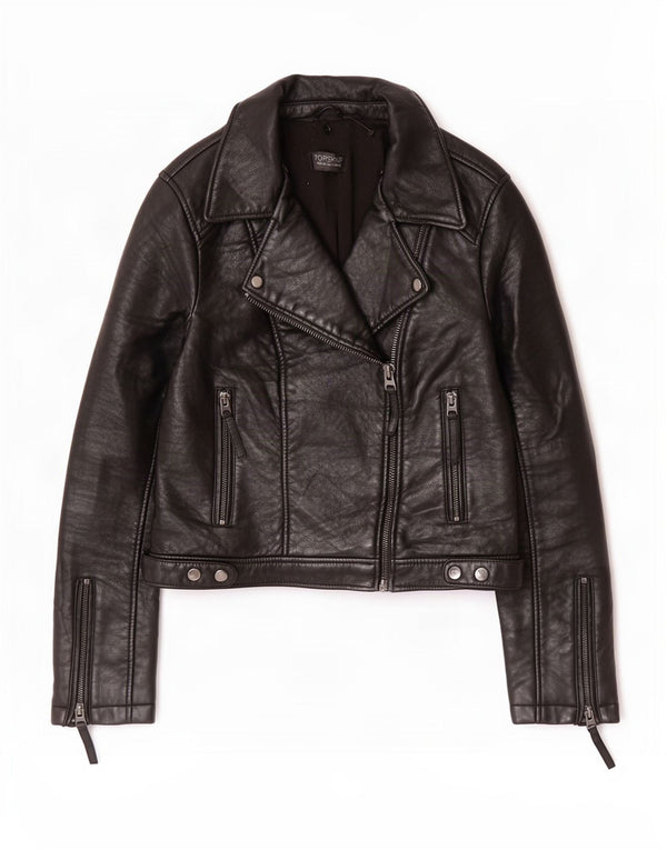 Topshop Womens Leather Biker Jacket UK 12 Medium Black