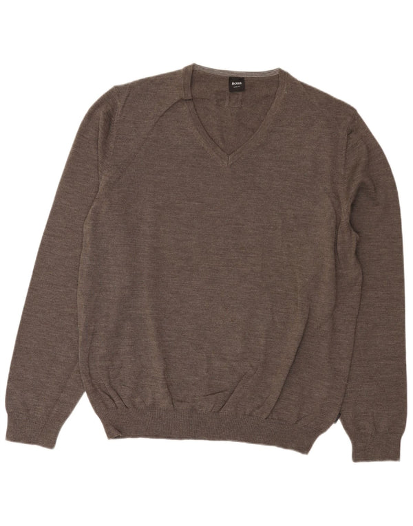 Suéter masculino HUGO BOSS Slim Fit com decote em V 3XL lã cinza