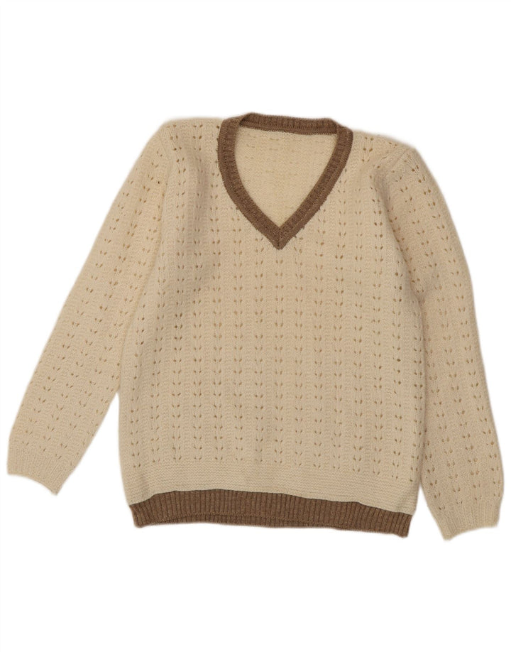 Suéter feminino VINTAGE com decote em V UK 12 médio off white