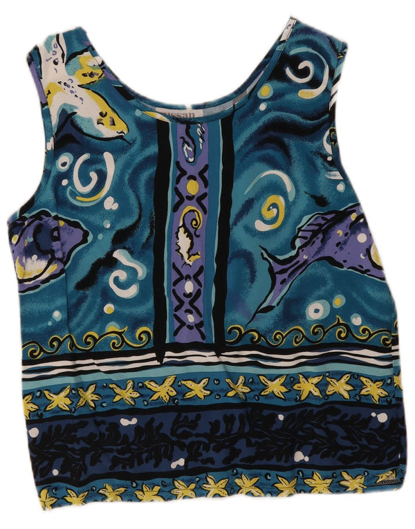 Blusa feminina vintage com padrão abstrato colheita top UK 12 azul médio