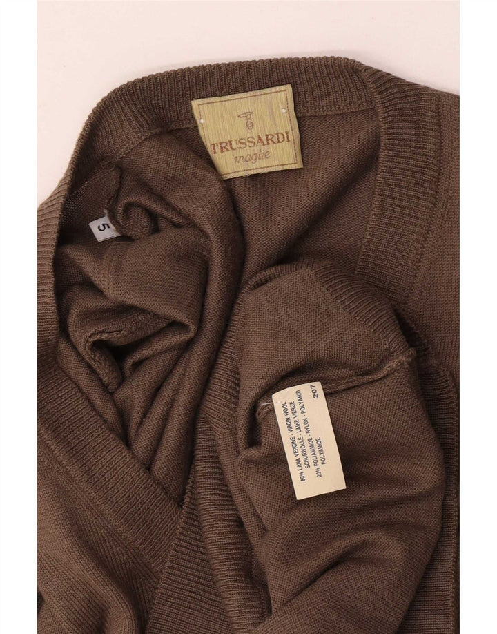 Suéter masculino Trussardi com decote em V grande lã virgem marrom