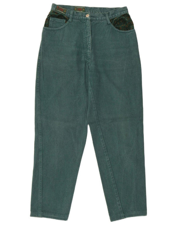 Jeans cônicos femininos vintage W34 L27 verde floral