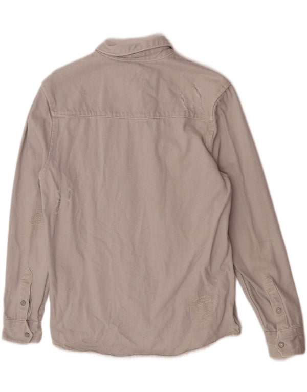 Camisa jeans masculina Zara Distressed Relaxed Fit algodão cinza médio