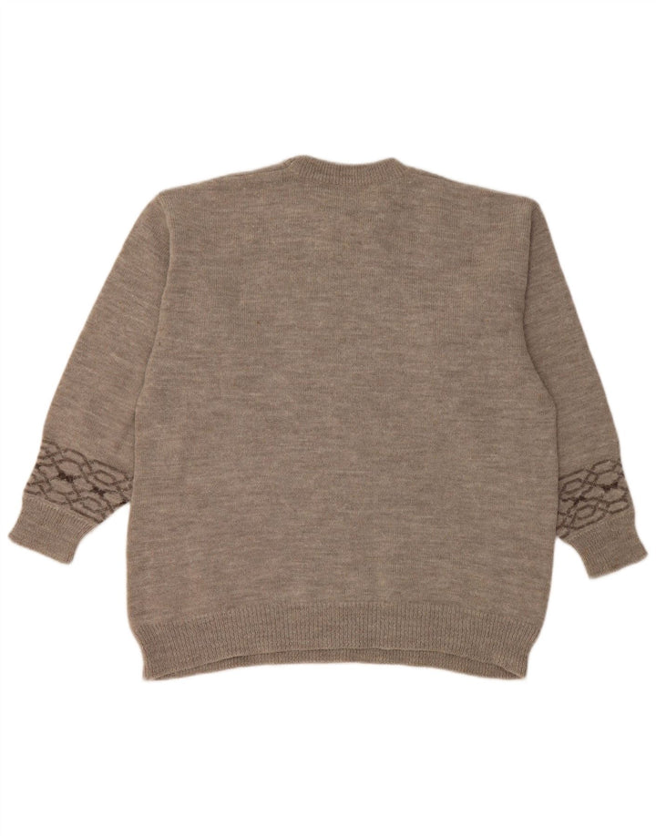 Suéter masculino vintage com gola redonda grande cinza Fair Isle