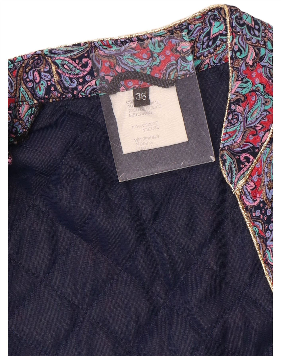 Jaqueta acolchoada feminina vintage IT 36 pequena viscose roxa Paisley