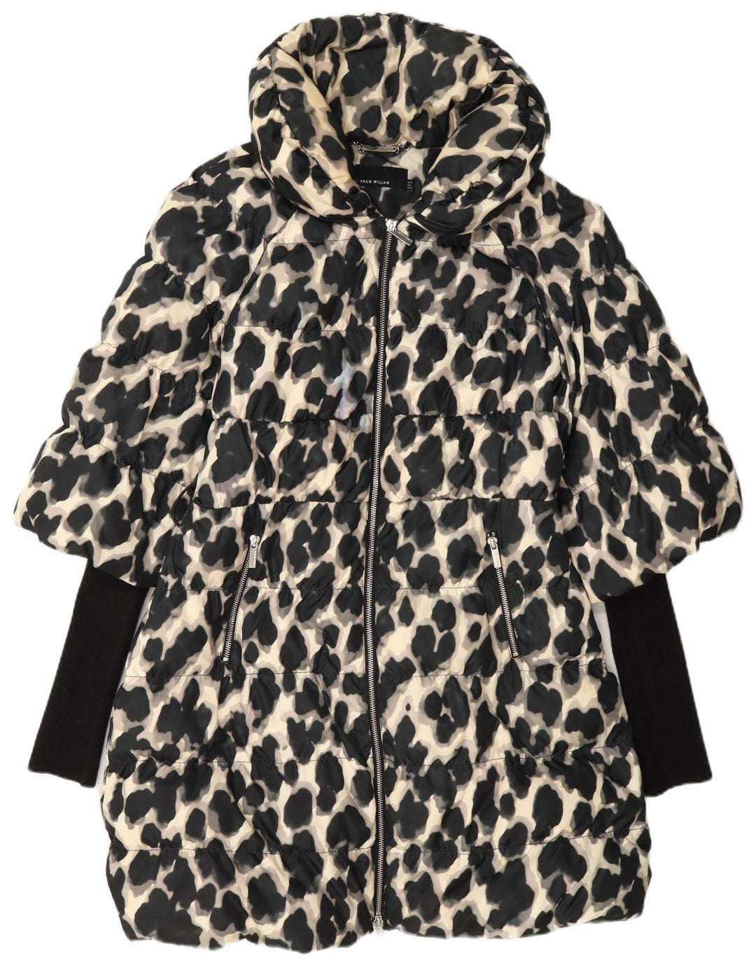 Casaco acolchoado feminino Karen Millen UK 12 poliéster preto médio com estampa animal
