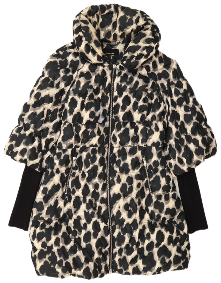 Casaco acolchoado feminino Karen Millen UK 12 poliéster preto médio com estampa animal
