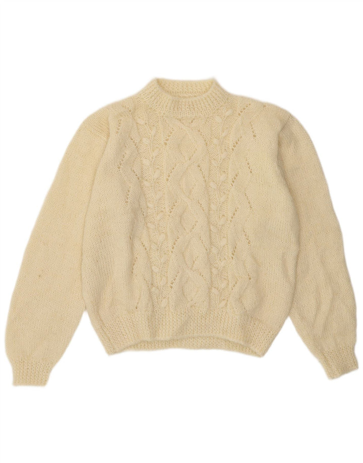 Suéter feminino vintage com gola tartaruga Reino Unido 14 médio esbranquiçado geométrico