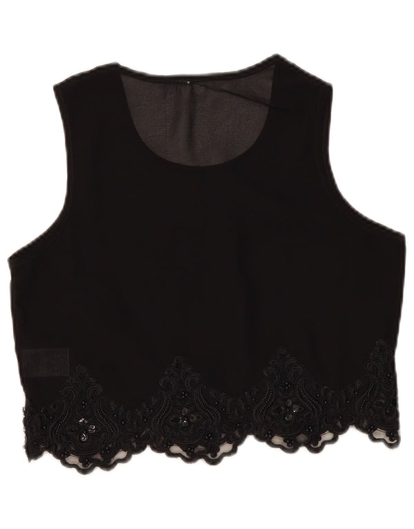 Blusa feminina vintage transparente, top UK 10 pequena preta Paisley