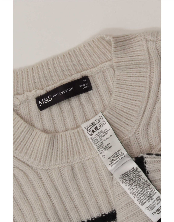 Suéter feminino Marks & Spencer com gola redonda UK 14 listrado bege médio