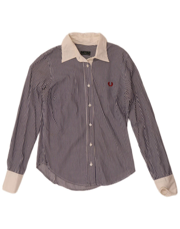 Camisa feminina Fred Perry Reino Unido 10 pequena risca de giz azul marinho algodão
