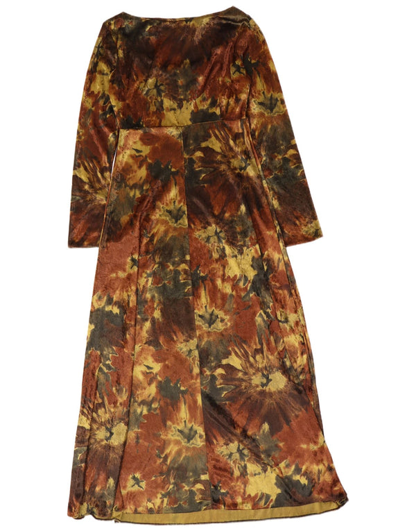 Vestido maxi feminino vintage de manga comprida em veludo UK 12 médio marrom tie-dye