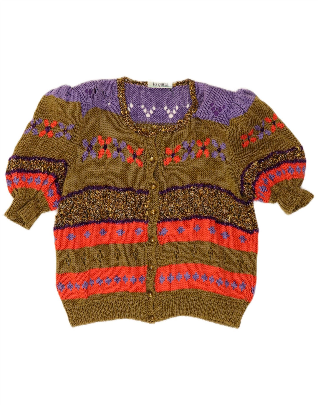 Suéter cardigã feminino vintage de manga curta Reino Unido 14 bloco colorido cáqui médio