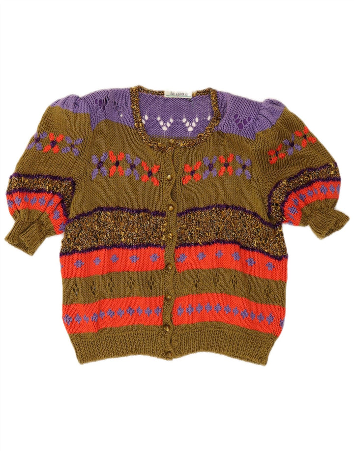 Suéter cardigã feminino vintage de manga curta Reino Unido 14 bloco colorido cáqui médio