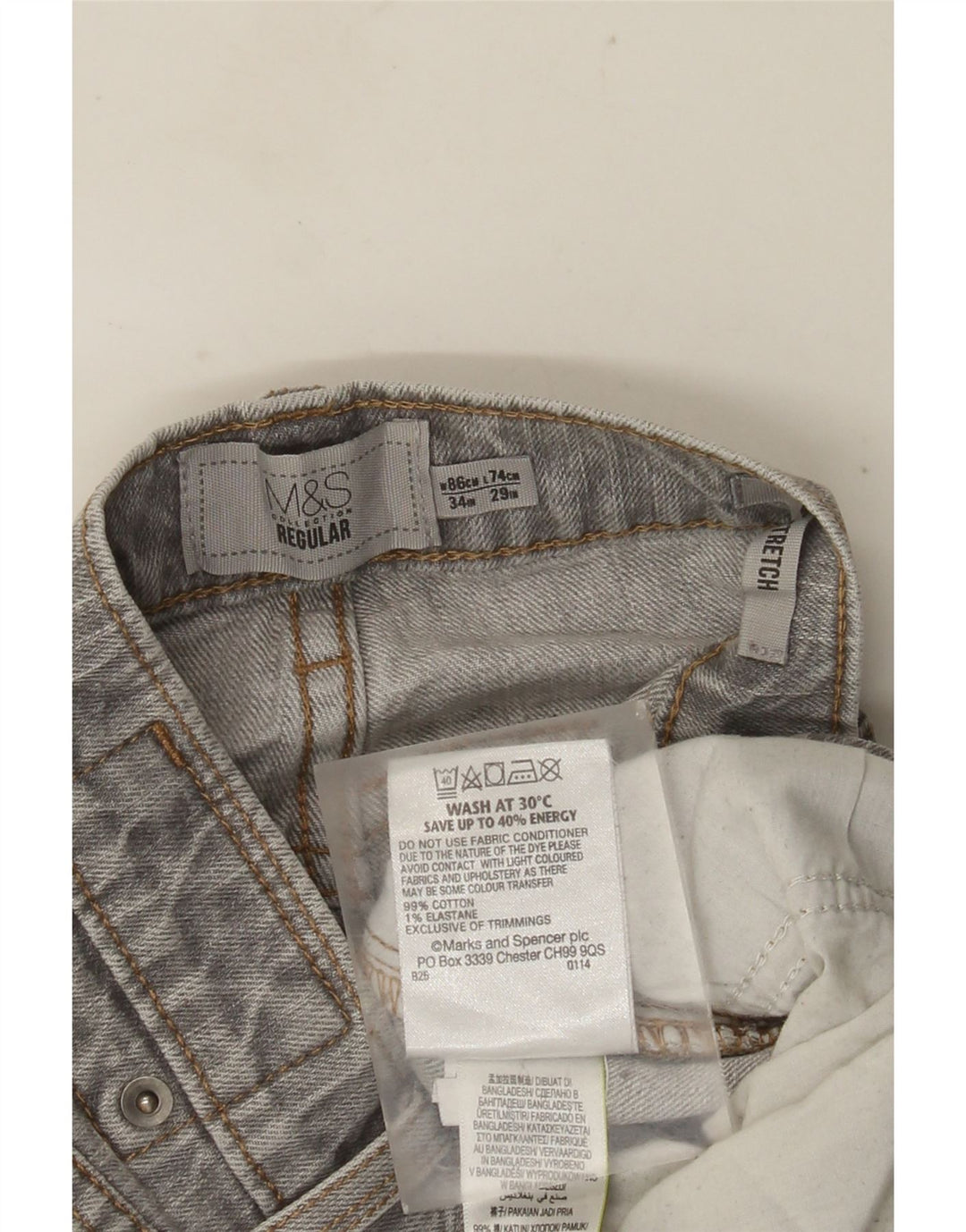 MARKS & SPENCER Masculino Regular Fit Jeans Reto W34 L29 Algodão Cinza
