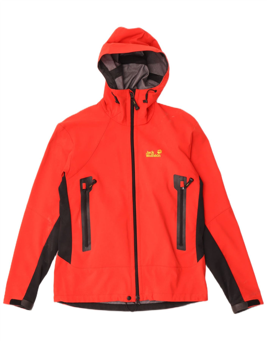 Jaqueta de chuva masculina com capuz Jack Wolfskin Reino Unido 36/38 bloco colorido vermelho médio