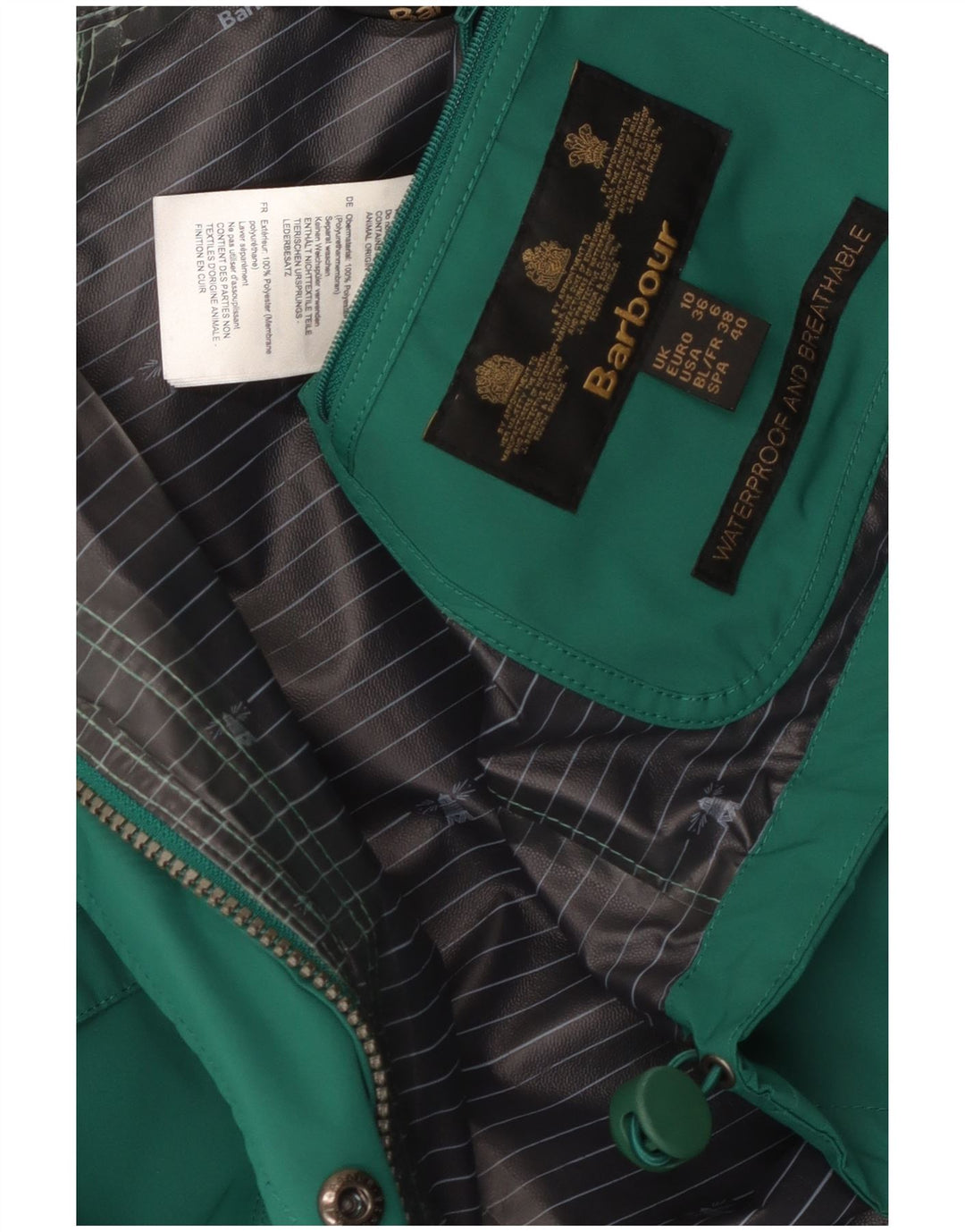 Jaqueta de chuva com capuz feminina Barbour UK 10 poliéster verde pequeno