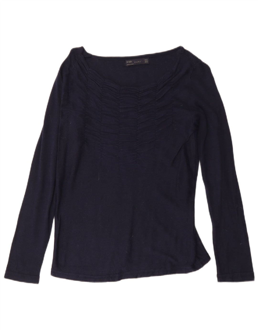 Top feminino Zara manga comprida UK 12 algodão azul marinho médio